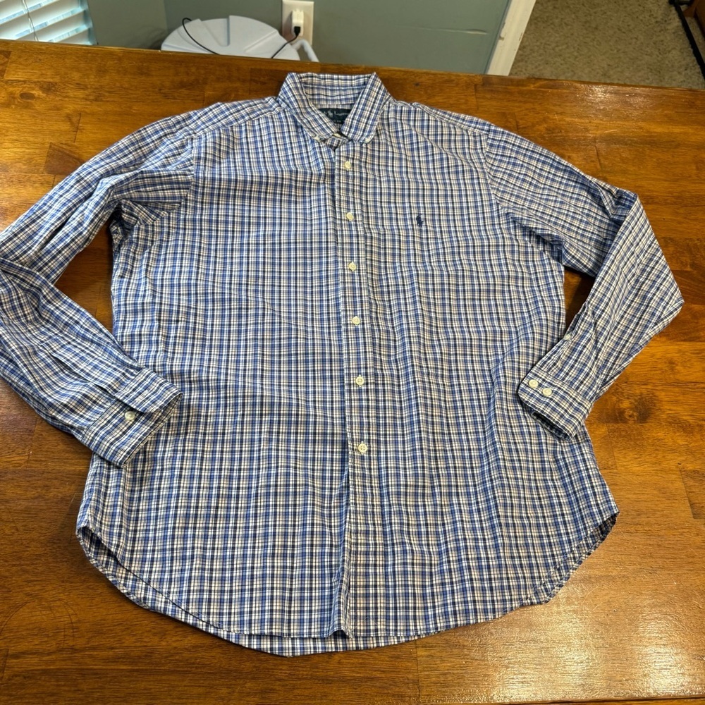 Ralph Lauren Blue White Plaid Classic fit button down Shirt size large 16.5